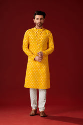 Ensemble pyjama Kurta en coton imprimé jaune pour homme, tenue Haldi